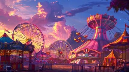 Cityscape with Alien-Themed Ferris Wheel at Night in Amusement Park - obrazy, fototapety, plakaty
