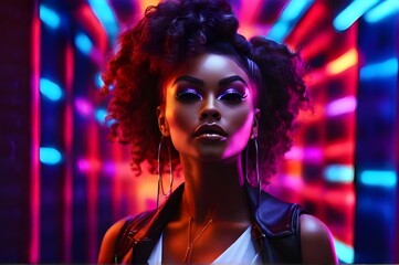 Naklejka na ściany i meble Black woman in neon background with copy space for cover page of magazine. Fashion model 