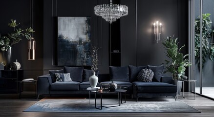 A dark living room with modern furniture, a grey sofa and black walls