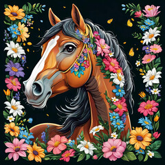 Close-Up Horse Portrait with Floral Sticker on Dark Background Gen AI