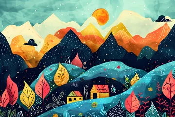 Wall murals Mountains Folk art illustration with mountains landscape