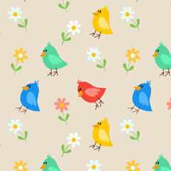  Cute pattern with bird and flowers. Hand draw nature vector pattern