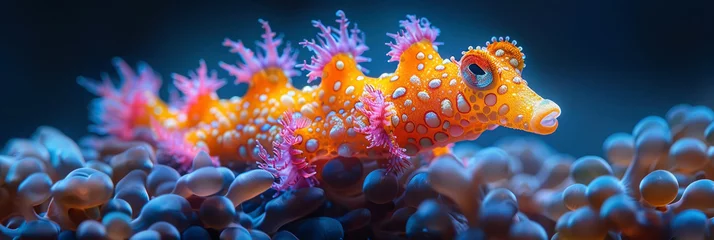 Foto op Canvas A Nudibranche frog fish creature with pink and orange spots is on a coral reef. Concept of vibrancy and life in the ocean © Mongkol