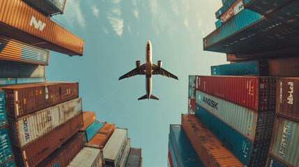 Airplane takes flight over the container yard.