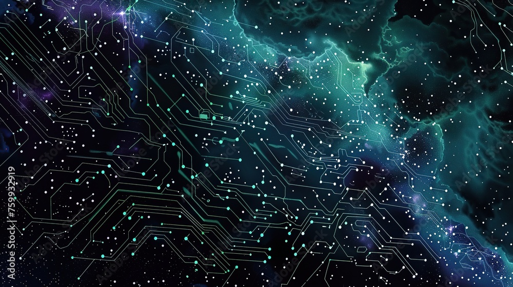 Poster this image fuses the concept of a nebula with technological circuit patterns, portraying an intersec