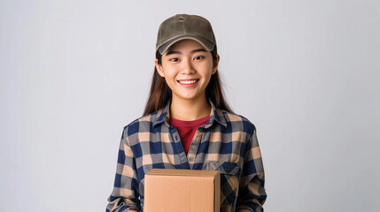 Attractive smiling asian delivery woman holding parcel box. copy space