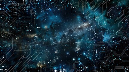 This visual fusion of space and digital circuitry creates a universe-themed background, blending the cosmos with futuristic technology