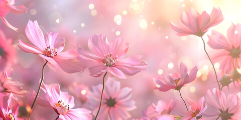 Pink flowers background with bokeh effect, Beautiful nature scene - Ai Generated