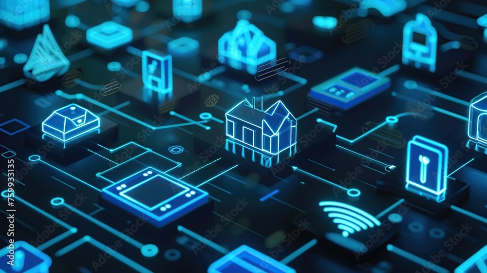 Poster an imaginative display of a smart home ecosystem with connected device icons and data flow lines, sy
