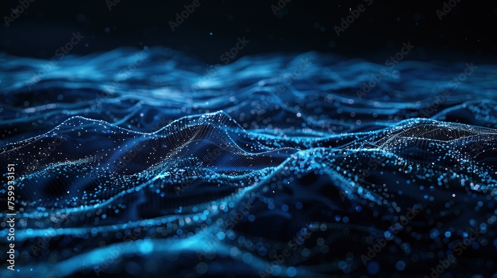 Poster this image portrays a virtual ocean with undulating waves of blue light particles, capturing the ess
