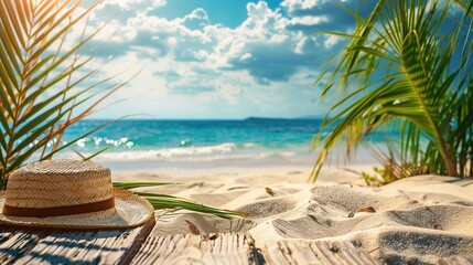 Obraz premium An idyllic summer beach setting with a straw hat on a wooden pathway, conveying relaxation and vacation vibes, perfect for travel and leisure marketing, with ample space for text.