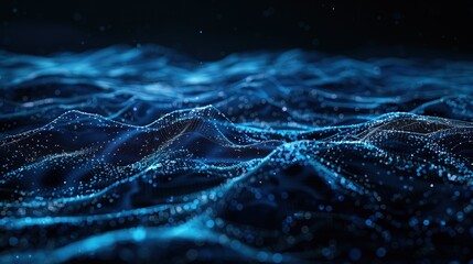 This image portrays a virtual ocean with undulating waves of blue light particles, capturing the essence of fluid data and the expanse of digital environments, ideal for themes of connectivity - obrazy, fototapety, plakaty