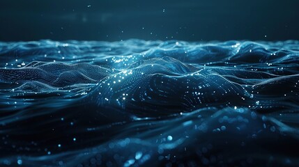 An artistic digital representation of a dark ocean with blue waves conveying depth and movement, perfect for illustrating data flow, virtual reality environments, or digital ecosystems
