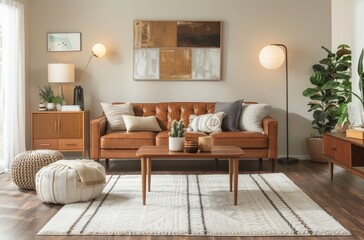 Living room with a brown leather sofa, coffee table and armchair in the style of retro-inspired designs, soft beige walls