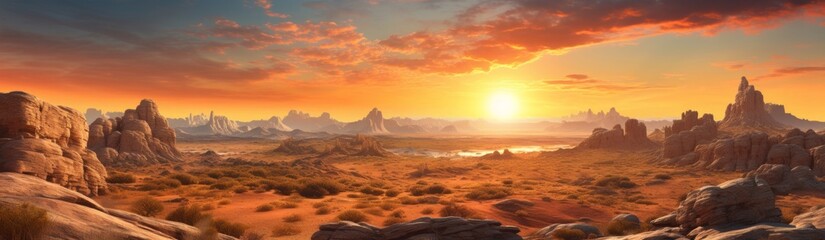 Fototapeta premium panoramic view of a vast desert landscape at sunrise