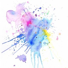Energetic watercolor splashes in cool blue and warm purple tones, creating an abstract artistic expression on a white canvas.