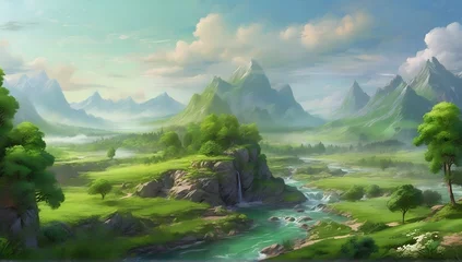 Foto op Canvas landscape of rivers and mountains in a fantasy world. © dimas