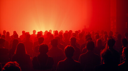 A crowd immersed in the glow of red stage lights, sharing a moment of anticipation and engagement.