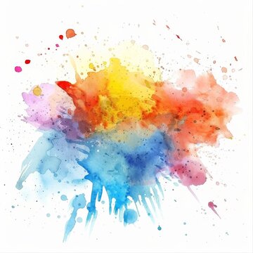 Splashes of watercolor in a harmonious clash of blue, red, and yellow hues, depicting a spirited dance of colors on white.