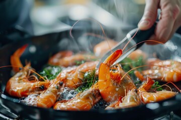 A person is cooking shrimp in a skillet on a stovetop.