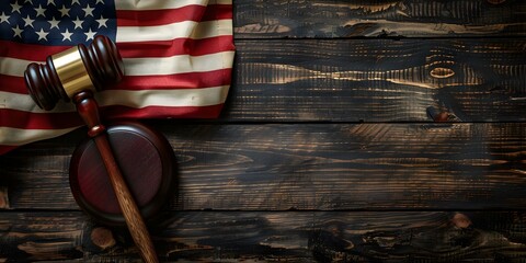 Representation of the Rule of Law: Judges Gavel, American Flag, and Justice Theme. Concept Rule of Law, Judges Gavel, American Flag, Justice Theme, Legal Symbolism - obrazy, fototapety, plakaty