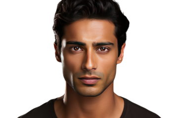 
Handsome South Asian man, long face, big eyes, prominent nose, brown skin, dark skin,