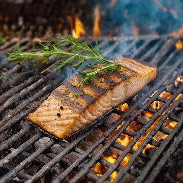A savory grilled filet of salmon with grill marks is cooking atop a charcoal fire with a sprig of rosemary - square format - fire and smoke in the background