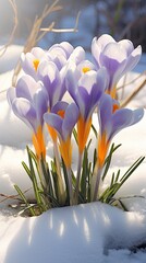 crocus flowers in snow. Early blooming spring flowers with snow. Close-up.