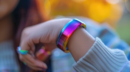 A smart bracelet that adjusts its color and vibration patterns to improve the wearer's mood, blending fashion with mental health tech - obrazy, fototapety, plakaty