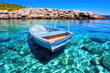 Small Boat on Croatian Coastline | Blissful, Vivid Colors, Sharp Focus - obrazy, fototapety, plakaty