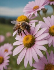 Wasp on a flower. Macro photo. Wasp close-up. Chamomile. White petals texture. Yellow pistil and stamens. Drawing on the body of a wasp. The wasp pollinates the flower. Background - chamomile.