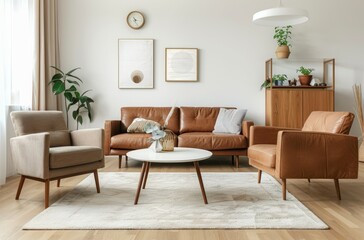Mid Century modern living room with a brown leather sofa, white rug and an accent chair in a light beige color