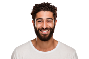 Handsome young man from the Middle East, smiling, long face, prominent nose, beard, brown skin, isolated on transparent background.