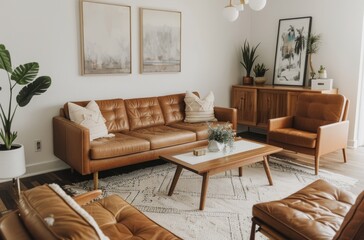 Mid Century modern living room with a brown leather sofa, white rug and an accent chair in a light...