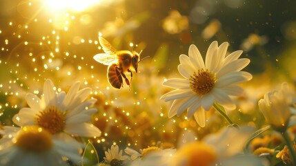 A bee diligently pollinates a white flower, ensuring its reproduction. - obrazy, fototapety, plakaty