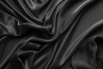 Detailed view of a black silk fabric showing its sleek texture and shiny appearance.