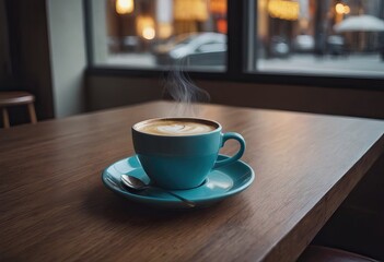 Fototapeta premium cup of hot coffee and tea on wood table besides window