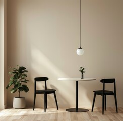 Minimalist dining room with an elegant round table, two black chairs and one hanging pendant light in white glass - obrazy, fototapety, plakaty