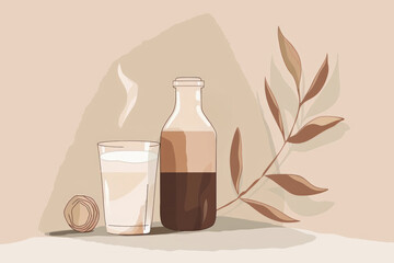 Minimalist flat illustration of a bottle with two-tone layers alongside a full glass and leafy twig on a peach backdrop.