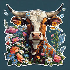 Close-Up Ox Portrait with Floral Sticker on White Border Gen AI