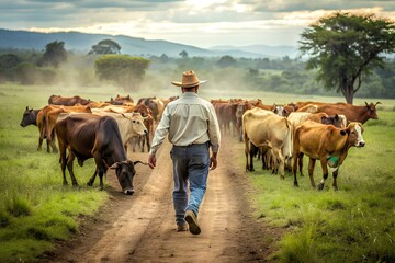 Farmer herding cattle. Cows - obrazy, fototapety, plakaty