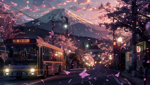 Nighttime Cityscape With A Bus Traveling Along The Street, Lit By The Glow Of Street Lamps. Seamless Looping 4k Video Animation