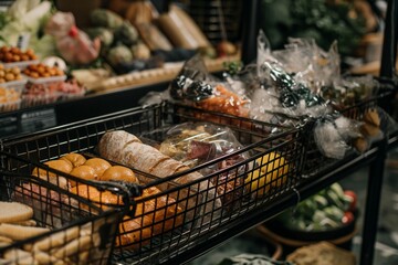 a cart full of monthly foods closeup, Monthly grocery on a car closeup, grocery shopping closeup, vegetable and fruits closeup  - obrazy, fototapety, plakaty