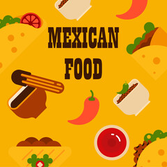 Flat mexican food illustration background with food icons