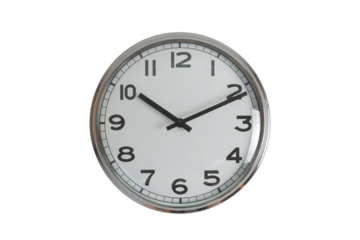 A white round shape wall clock with black hands showing the time of 10:10 cutout from background. Short hand at 10 o'clock and long hand at number 2 as V shape.