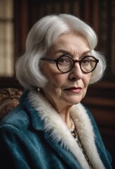 Old wrinkled fashionable woman in glasses with a cigarette in hand. Women's health, bad habits, addiction