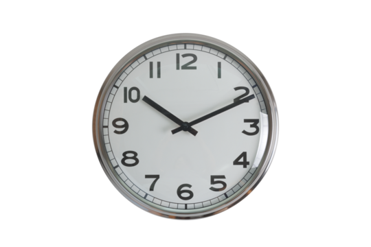 A white round shape wall clock with black hands showing the time of 10:10 cutout from background. Short hand at 10 o'clock and long hand at number 2 as V shape.