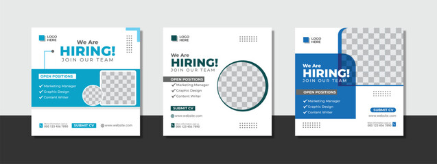 We are hiring job vacancy social media post banner design template. We are hiring job vacancy square web banner design.