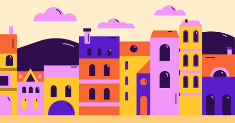 City vector illustration. Vibrant city. Bright geometric European city. Town vector illustration.