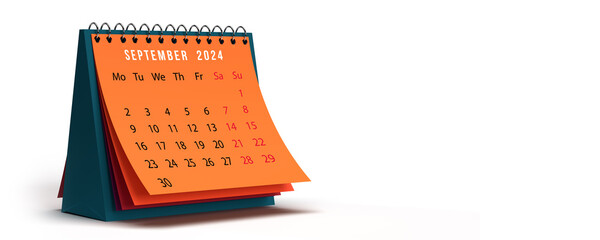 September 2024 orange coloured monthly spiral desk calendar. 3D rendered horizontal page on white background, copy space. Set of 12 month layouts. Week starts with Monday. Weekends in red.